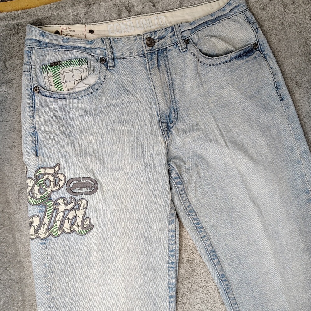 Ecko Unltd Jeans Mens 34x32 Blue Baggy Loose Fit Y2K Skater Embroidered Wide Leg - Picture 8 of 16